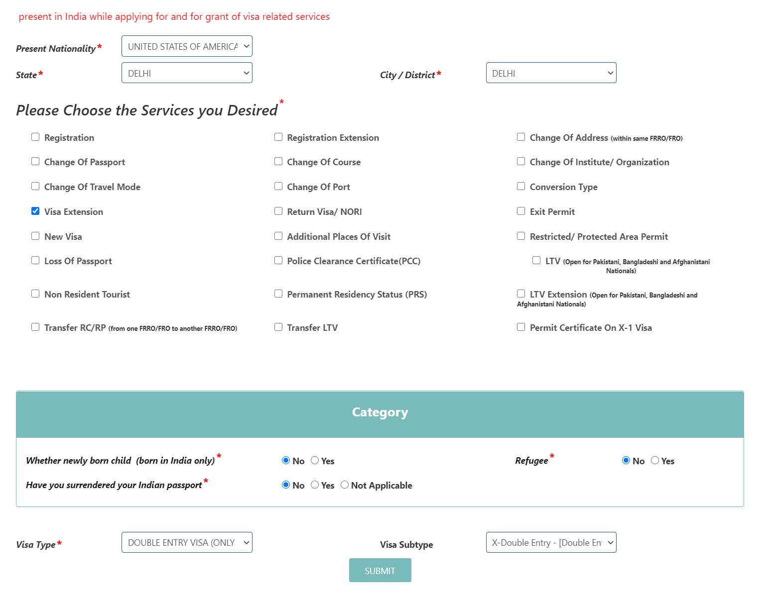 Desired services and category