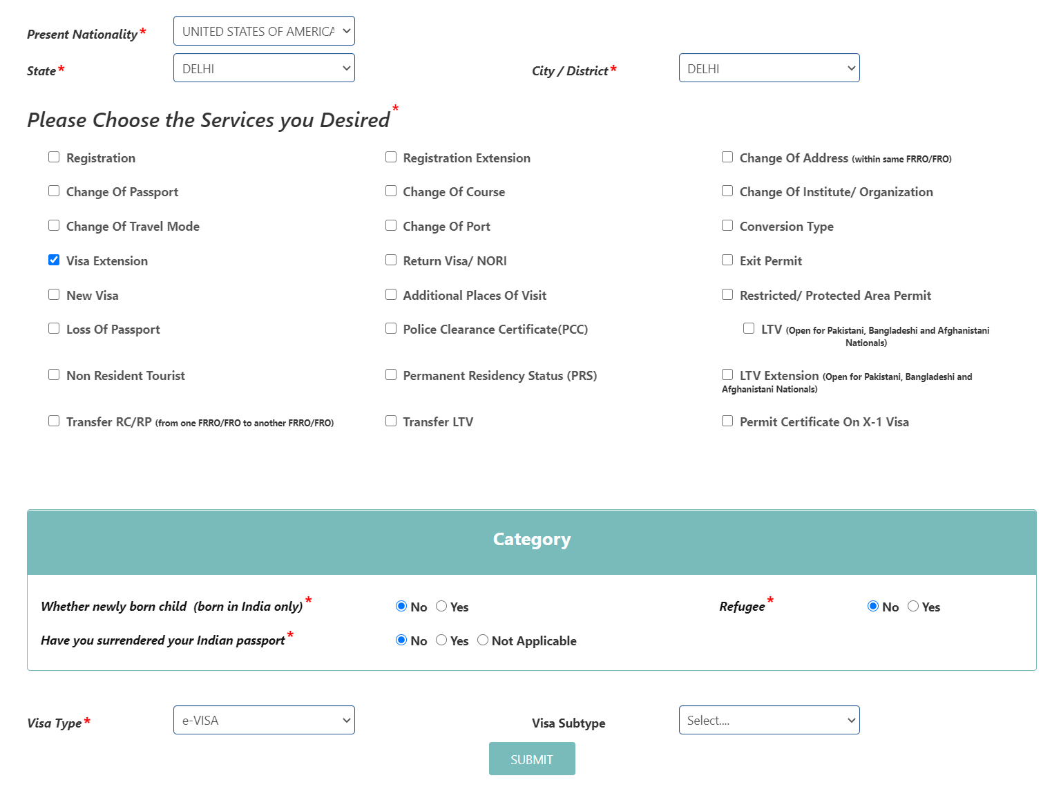 Desired services and category