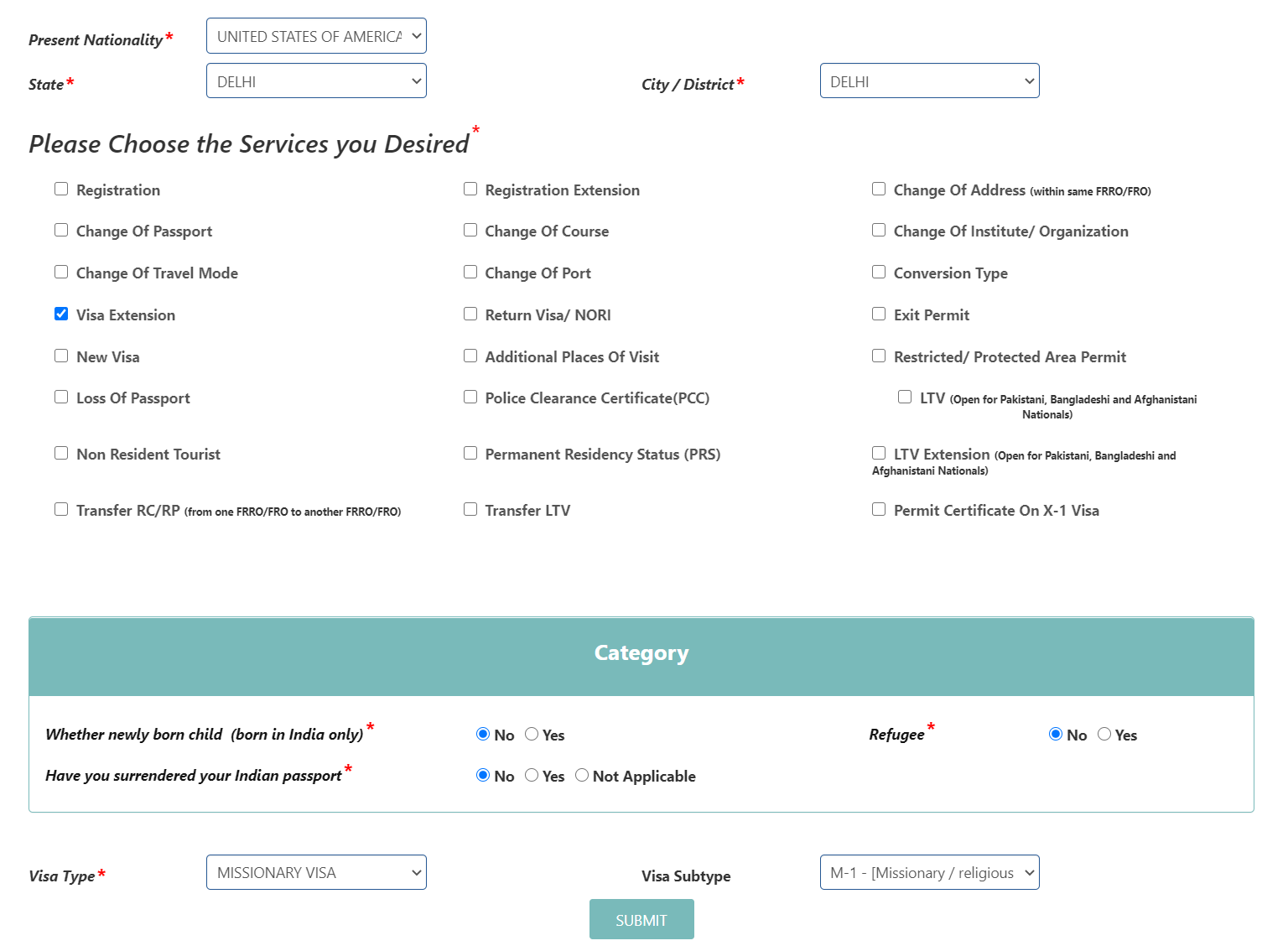 Desired services and category