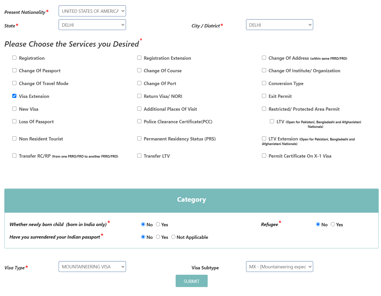 Desired services and category