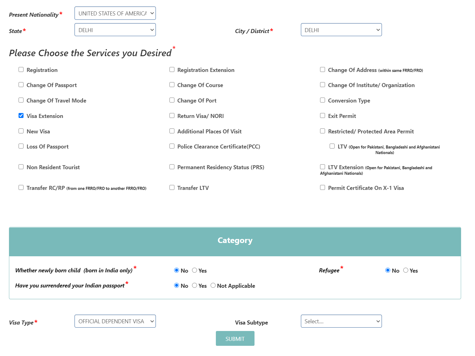 Desired services and category