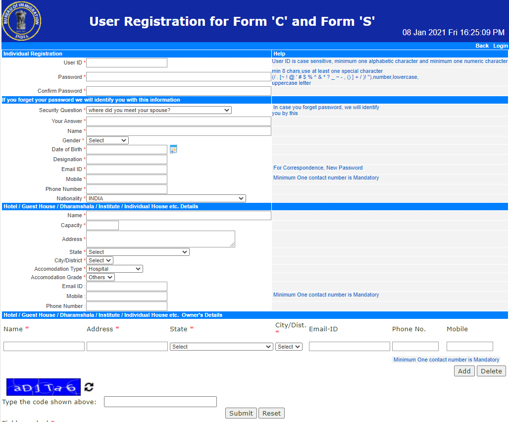 Registrazione utente per Modulo 'C' e Modulo 'S'