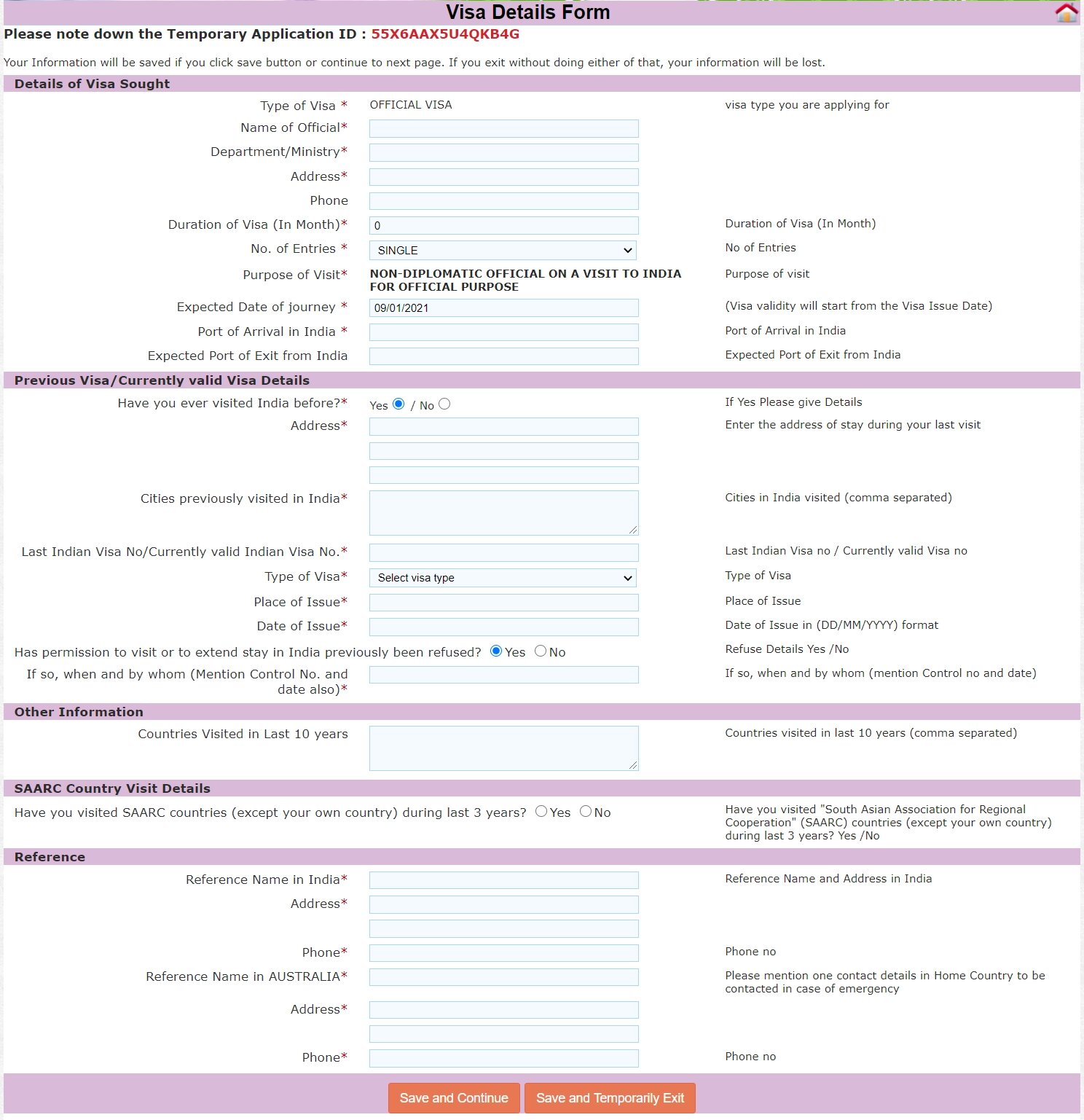 Détails officiels du visa demandé